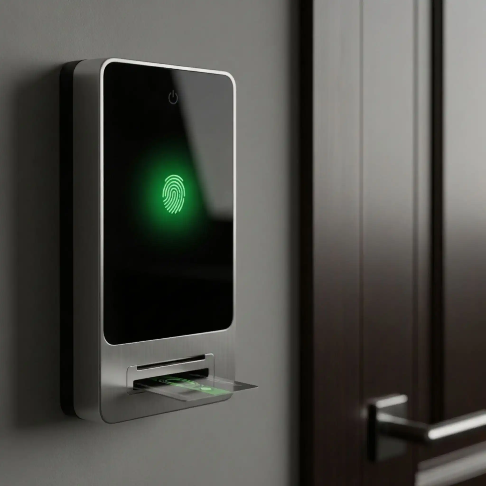 Güvenlik görevlisi modern bir binanın lobisinde duruyor